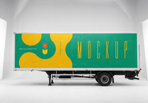 Delivery truck trailer mockup in white studio