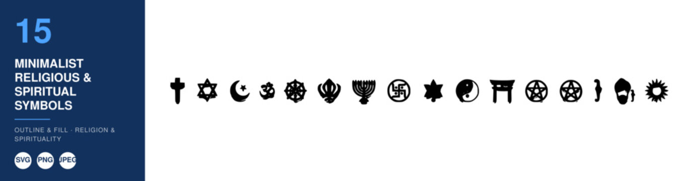 Minimalist Religious Symbols Nameplate, Spiritual Icon Set, Outline and Fill Design, Vector Illustration