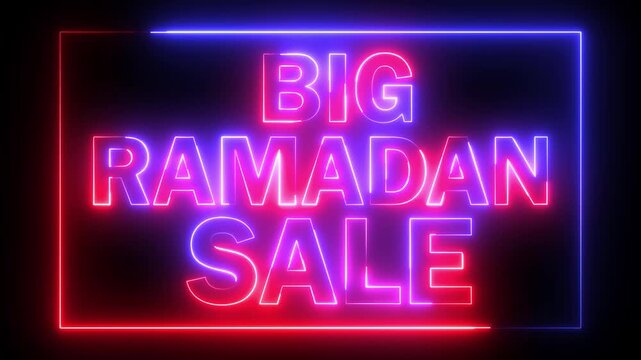 glowing neon red and blue color BIG RAMADAN SALE  text icon animation poster template signboard alphabet font letter word banner sign symbol seamless light cyber effect footage on black background