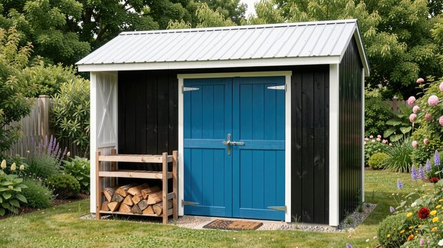 Garden shed with blue doors and stacked wood in backyard  