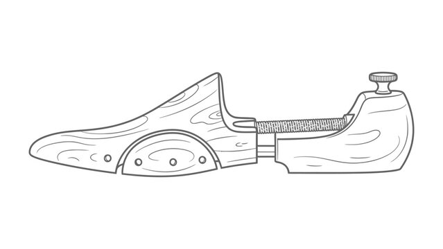 Wooden Shoe Tree: A classic wooden shoe tree, designed to maintain the shape of footwear, presented as a line art illustration.