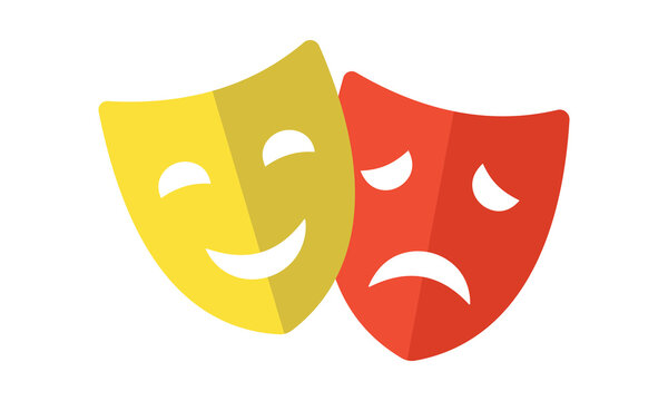 Comedy and tragedy theater masks in bright yellow and red colors symbolizing drama performance for entertainment flyers acting schools and cinema posters.