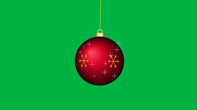 3D metallic ruby red Christmas bauble ornament with engraved rotating gold snowflakes, brass cap, and gentle pendulum sway on green screen. 4K UHD chroma key holiday ornament for commercial video edit