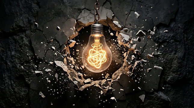Glowing Light Bulb Breaking Through a Dark Concrete Wall to Represent Innovation and Breakthrough