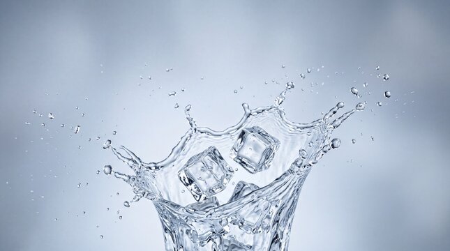 Ice cube water splash freshness clear cold liquid transparent drink blue motion clean refreshing create dynamic scene of ice cubes splashing into water evoking sense of cool refreshment and purity