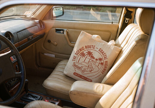 Tote Bag In Vintage Car Mockup