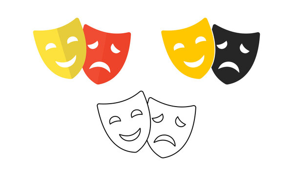 Collection of comedy and tragedy theater masks in colored black and outline styles created for dramatic arts education class branding and performance events.