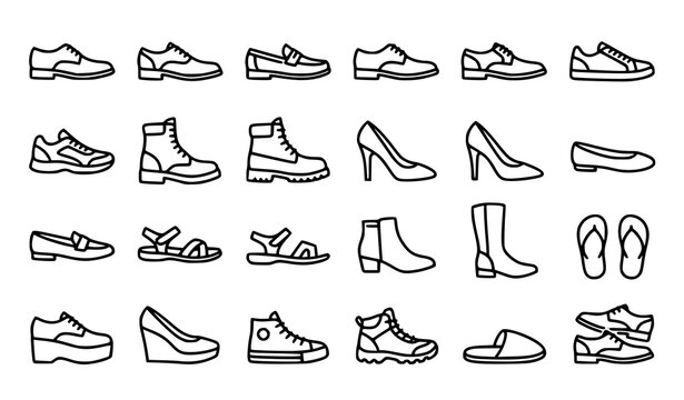 Men and Women Shoes Footwear Minimal Outline Icon Collection