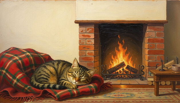 Sleeping cat by fireplace in oil painting for home decor.