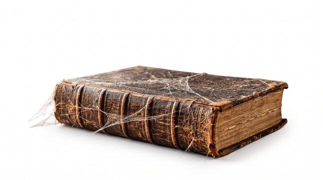 Ancient brown book covered in cobwebs sits on a white background. The worn leather binding and old pages show signs of age.