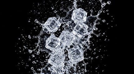Obraz premium Ice cube water splash isolated black background clear refreshing cold frozen crystal liquid realistic dynamic