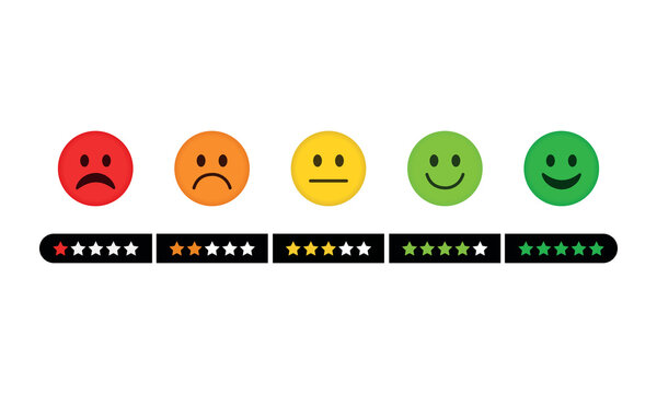 Feedback scale of colorful emotion emojis with star rating bars on white background for customer satisfaction survey evaluation and service quality performance.