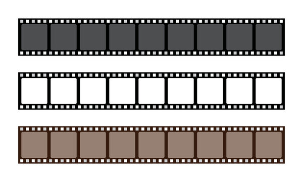 Set of horizontal film strips in black white and sepia tones with empty frames for cinematic video production and digital photography storytelling projects.