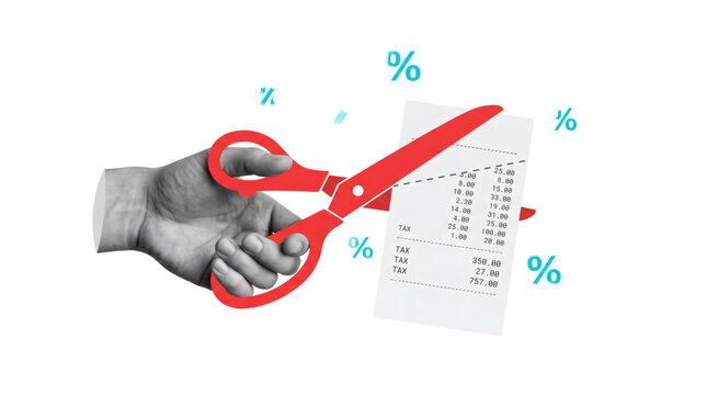 Grayscale hand using bright red scissors to cut a printed financial sheet surrounded by turquoise percentage symbols for business presentations, isolated on a transparent background.
