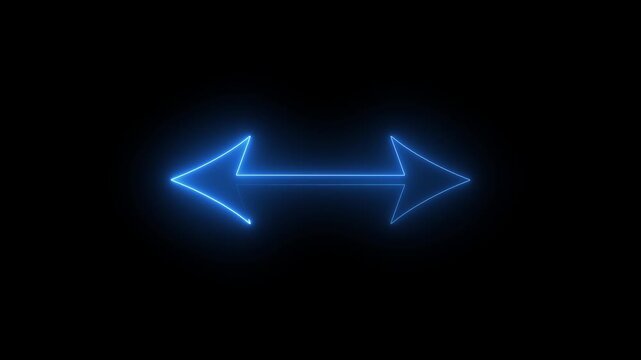 Glowing blue neon double headed arrow icon isolated on a black background