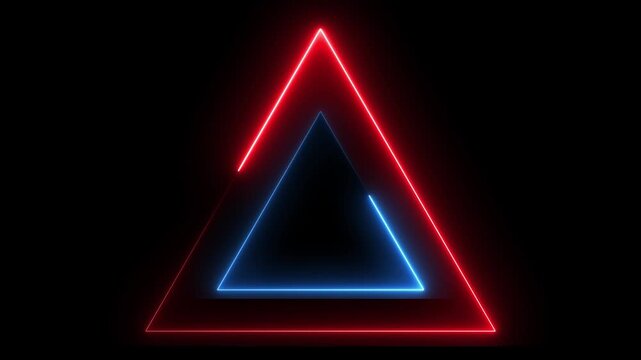 Glowing neon red and blue color triangle frame icon animation on black background