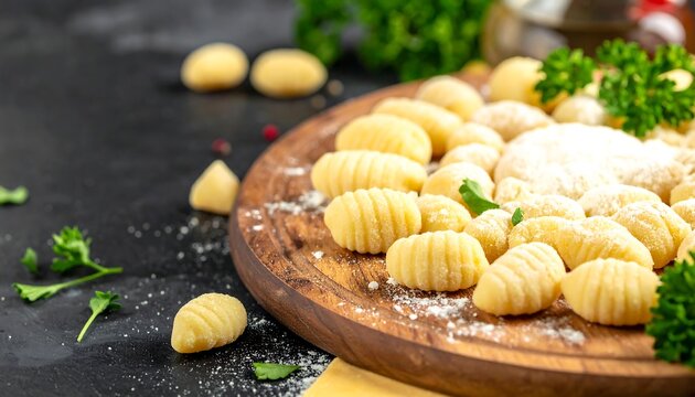 Gnocchi on wooden board with parsley.