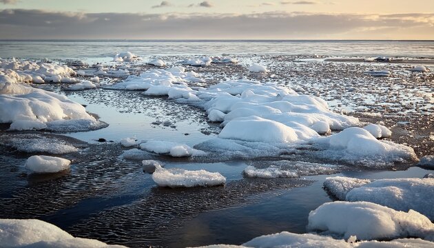 Melting Snow And Ice Fragments Cover Winter Ground At The Coast Of Frozen Baltic Sea Abstract Natural Background Photo