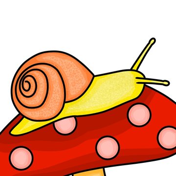 Cute snail crawling on red mushroom vector illustration isolated on white background. Hand drawn cartoon snail with spiral shell for kids design, sticker, and icon.