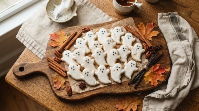 Festive Ghost Cookies for Halloween: A charming arrangement of ghost-shaped sugar cookies, adorned with black icing faces, presented on a rustic wooden board, perfect for a spooky celebration.