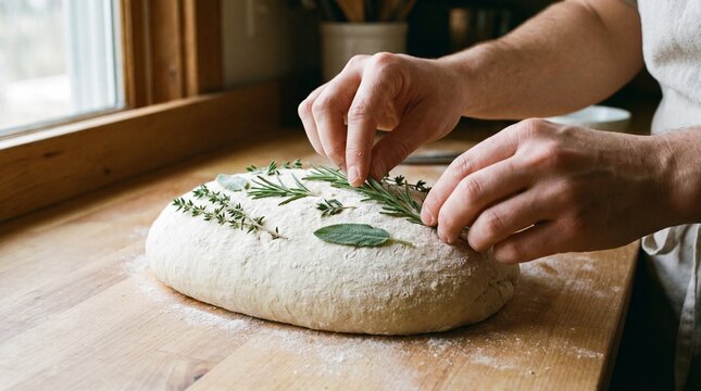 Baker hands placing fresh rosemary and sage herbs onto raw sourdough bread dough on a wooden counter