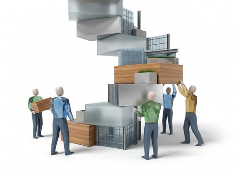 3D Figures Building a Spiral Tower of Modular Blocks