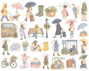 Naklejka premium People Activity on Rainy Days Stuffs Set