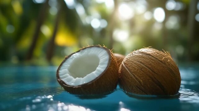 Two coconuts are cut open and placed on the waters surface in a sunny tropical location in the afternoon