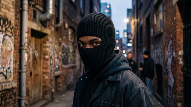 Intense portrait of person wearing black balaclava mask in urban alleyway