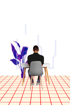Vertical photo collage of anonym guy sit chair back table matrix bubble cyberspace ai app web helper bot isolated on painted background