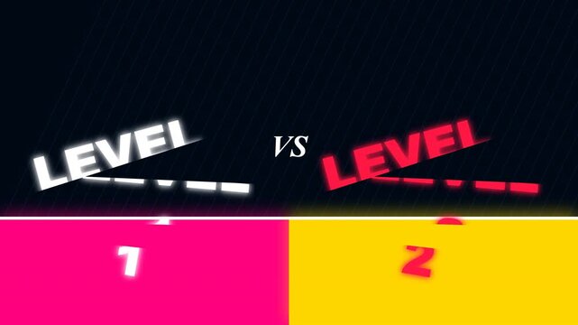Dynamic animated split screen with 'LEVEL 1' (white on pink) and 'LEVEL 2' (red on yellow) colliding with 'VS', perfect for game intros, challenge videos and competitive presentations.