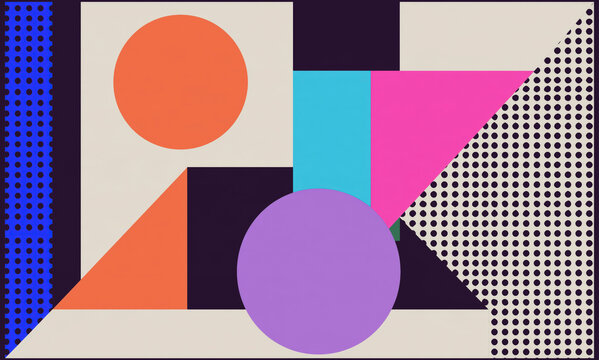 Abstract colorful geometric background with circles, triangles and dot patterns