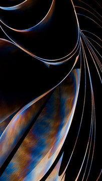 Curved metal abstract sculpture with colorful blue and rust shades
