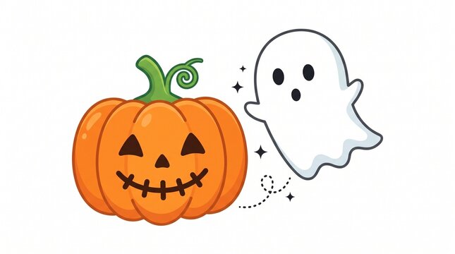 halloween jackolantern gourd orange green vine stem spooky creepy scary spirit phantom specter white floating cute kawaii cartoon vector graphic design art clipart isolated