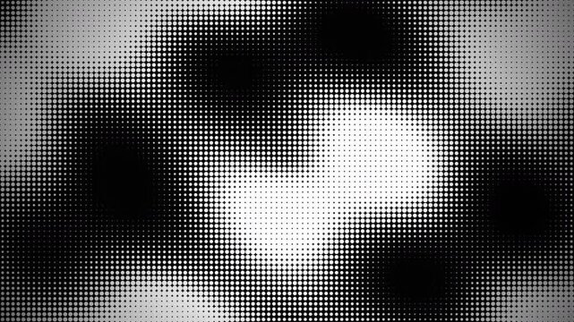 Dynamic black and white halftone dot pattern creating abstract liquid movement, concept for motion graphics, video backgrounds and digital art assets.
