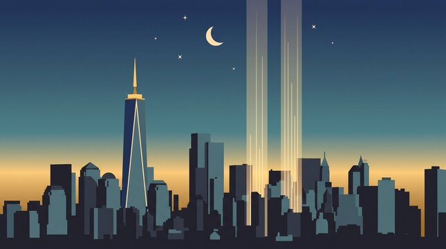 Minimalist flat vector modern city skyline with two vertical light beams at twilight, remembrance and memorial concept banner