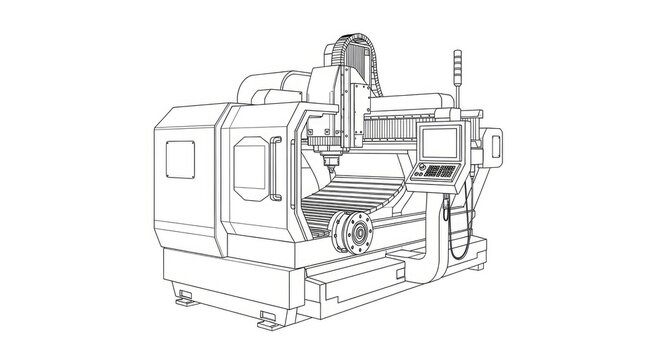 A CNC milling machine stands on a white background. The machine has a large rotating spindle, a control panel, and a protective enclosure.