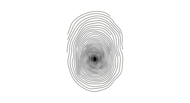 A black line drawing depicts a circular pattern with concentric rings radiating outwards from a central point. The lines create a spiral effect, resembling a vortex or a stylized eye.