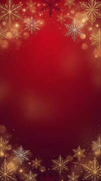 Elegant festive background with golden snowflakes and soft glowing bokeh lights on a deep red backdrop