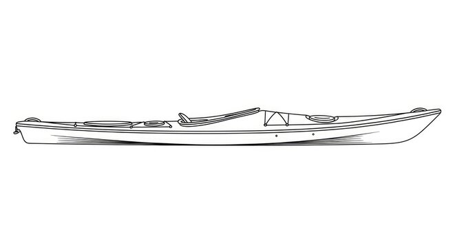 A kayak illustration shows a sleek, white boat with a black hull. The kayak has a rounded hull, a pronounced bow, and a stern with a small fin.