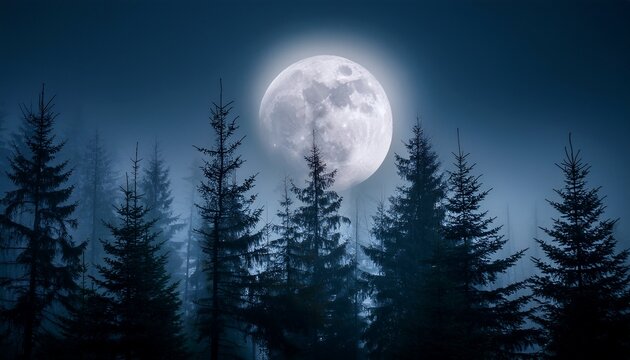 Full Moon Shining Through Dark Foggy Forest At Night