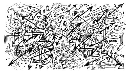 Fototapeta premium Chaotic abstract composition of overlapping arrows and set with simple line art design featuring sketches, drawings, vector graphics with minimalist and simple illustrations