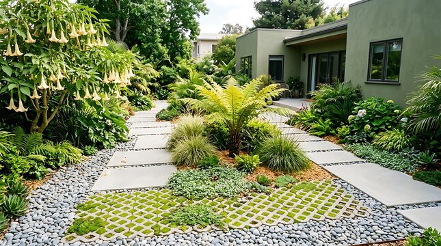Lush tropical garden landscape with modern green house and stone paver path perfect for architectural design inspiration.
