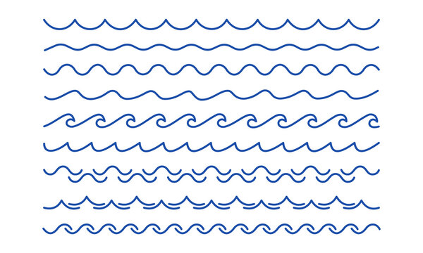 Set of blue wave line icons in different styles representing sea water movement ocean currents and decorative borders for nautical themed card design templates.