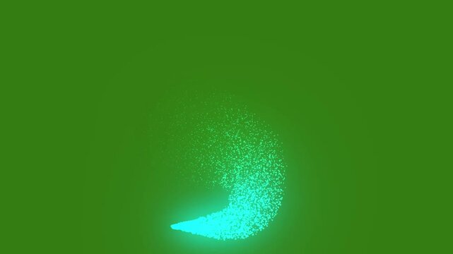 Glowing particle trail shooting comet animation with color changing gradient stream on green screen chroma key background loop for video keying, logo reveals, particle overlays, and video transitions.