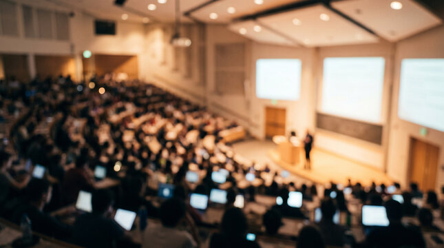 Defocused university lecture hall with seated students and warm ambient bokeh, higher education background
