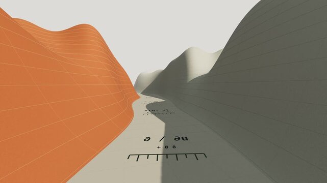 A camera glides through a sculpted canyon of moving mathematical surfaces, terracotta and ivory contour grids in soft daylight, seamless loop