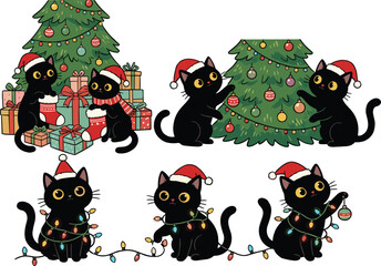 Naklejka premium Cute Christmas Black Cats Collection with Santa Hats, Christmas Trees, Ornaments, Gifts, Stockings and Colorful Holiday Lights