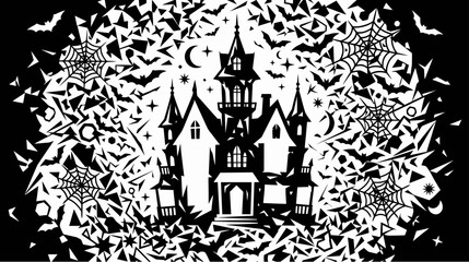 Naklejka premium Spooky Haunted House Illustration with Bats and Spiderwebs for Halloween Background in Black and White Gothic Style
