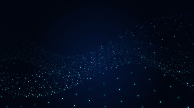 Abstract blue glowing dotted wave animation on dark background, digital technology and data visualization concept. Loop. 4K